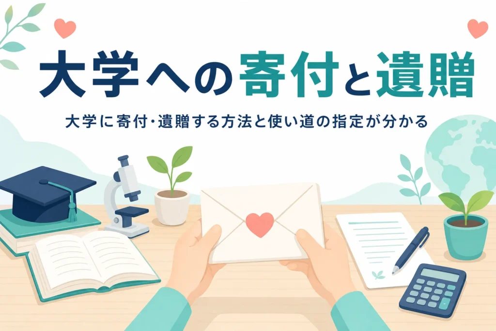 大学に寄付・遺贈する方法と、使い道の指定や税金の基本を紹介する記事のアイキャッチ
