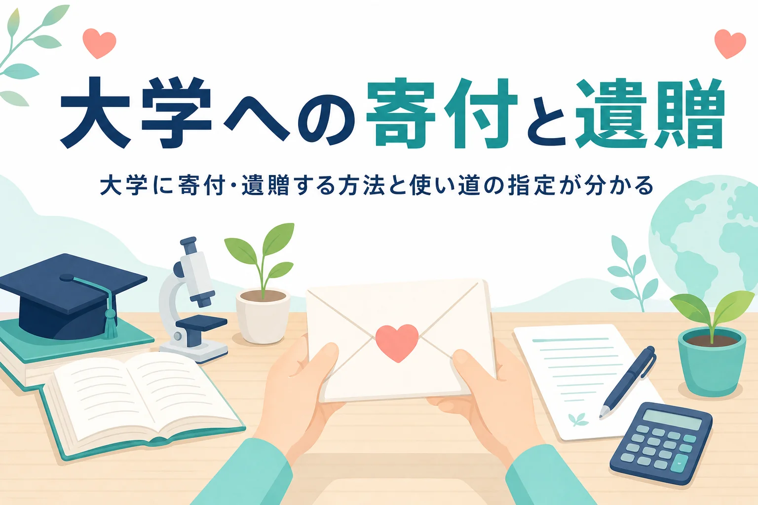 大学に寄付・遺贈する方法と、使い道の指定や税金の基本を紹介する記事のアイキャッチ