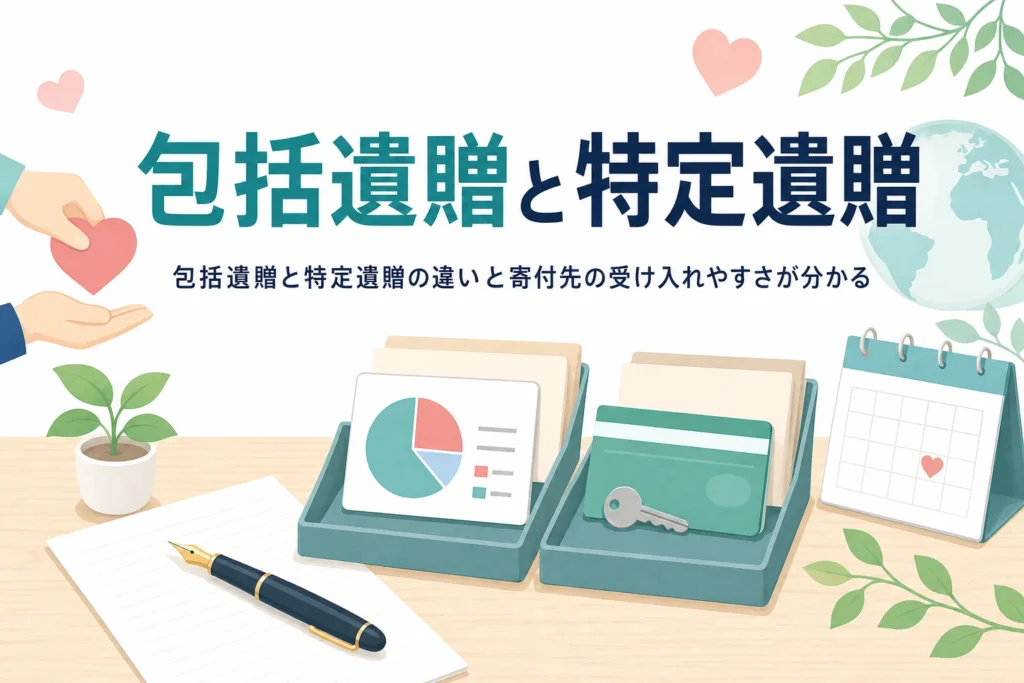 包括遺贈と特定遺贈の違いと、寄付先が受け入れやすい遺言の考え方を紹介する記事のアイキャッチ