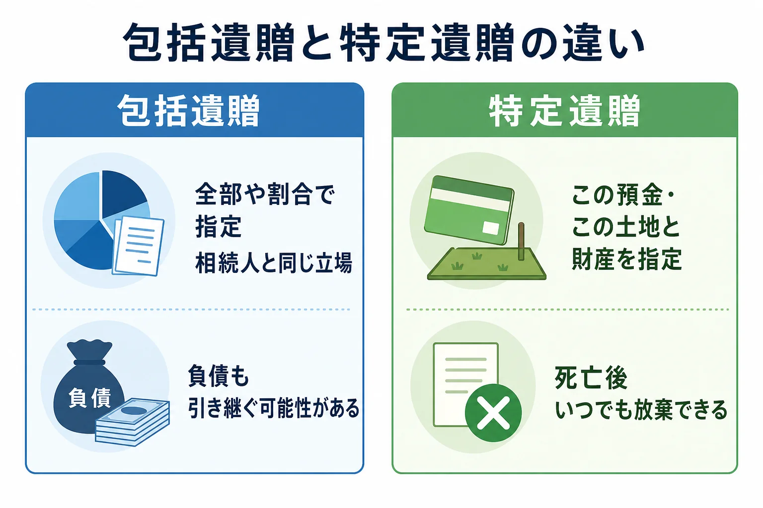 包括遺贈と特定遺贈の違いを、指定の仕方・受け取る人の立場・負債・放棄の方法で比べた図解