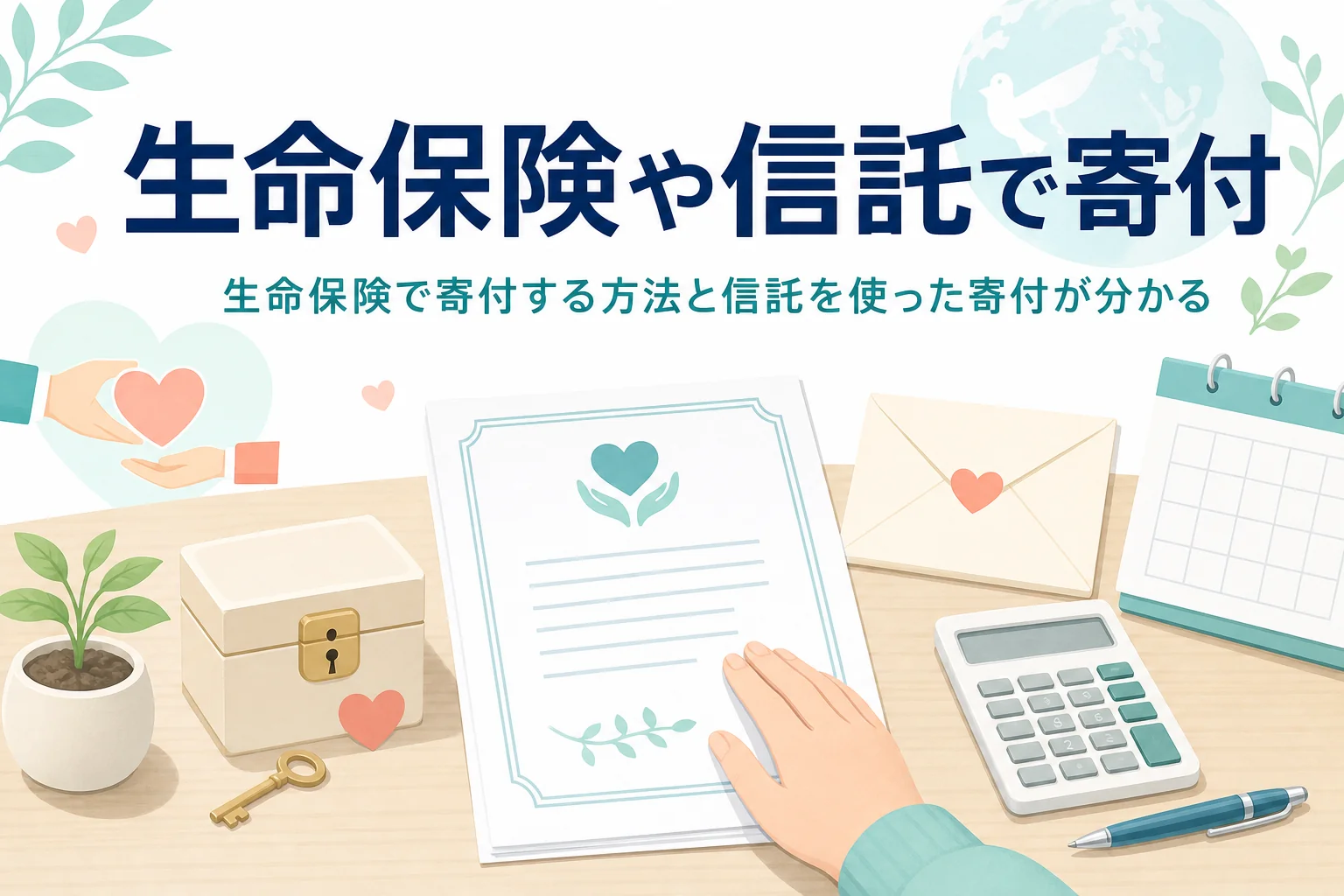 生命保険の受取人を団体にする寄付や、信託を使った遺贈寄付など、遺言書以外で寄付する方法を紹介する記事のアイキャッチ