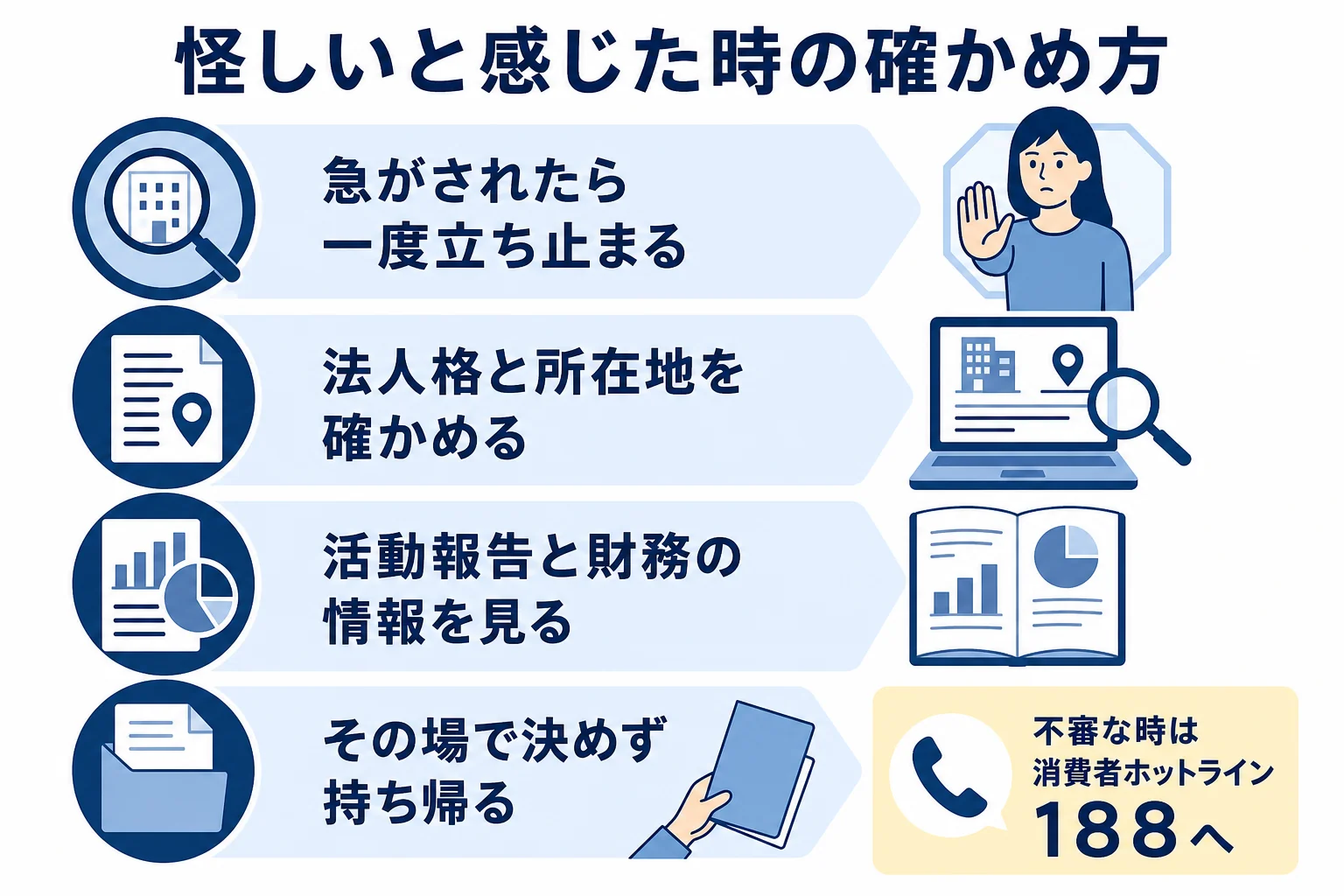 遺贈寄付が怪しいと感じた時に、法人格・活動報告・勧誘のされ方を確かめるポイントを示した図解