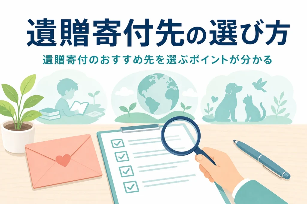 遺贈寄付のおすすめ先を選ぶ時のポイントと信頼できる団体の見分け方を紹介する記事のアイキャッチ