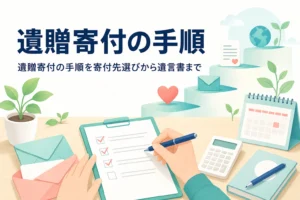 遺贈寄付の手順を、寄付先選びから遺言書作成まで紹介する記事のアイキャッチ