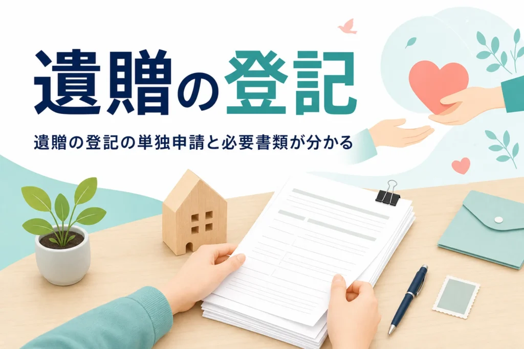 遺贈で不動産を受け取った時の登記について、単独申請できる場合と必要書類を紹介する記事のアイキャッチ