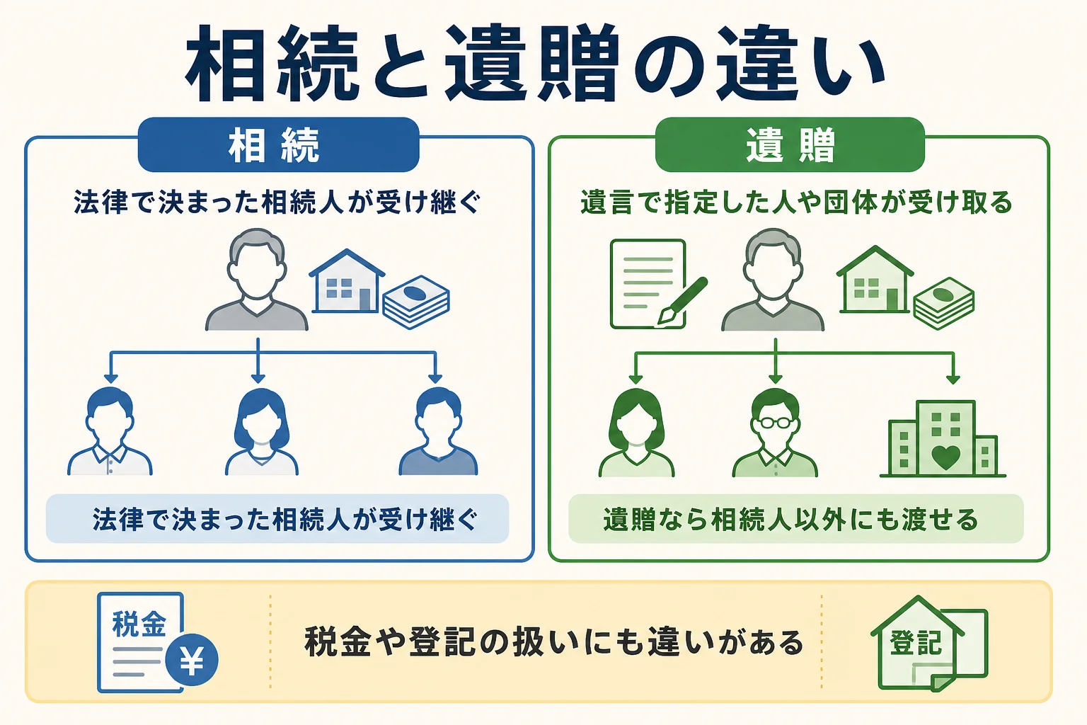 相続と遺贈の違いを、受け取る人・決まり方・税金の扱いで比べた図解