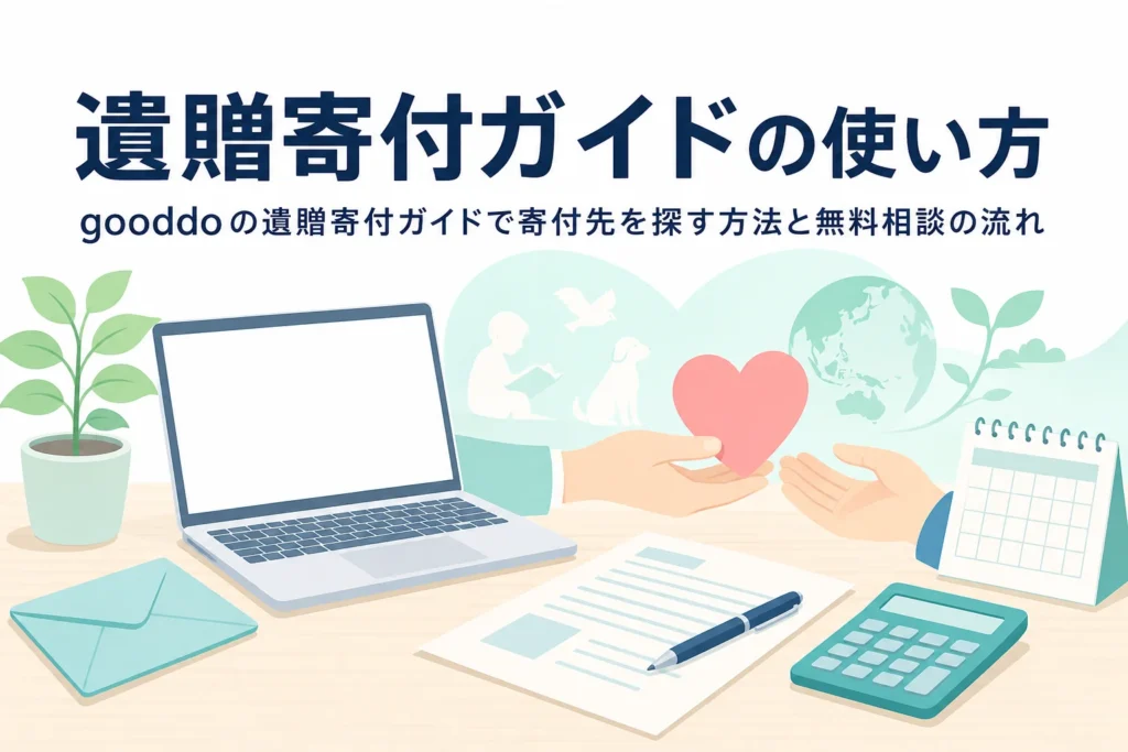 gooddoの遺贈寄付ガイドで寄付先を探す方法と無料相談の流れを紹介する記事のアイキャッチ