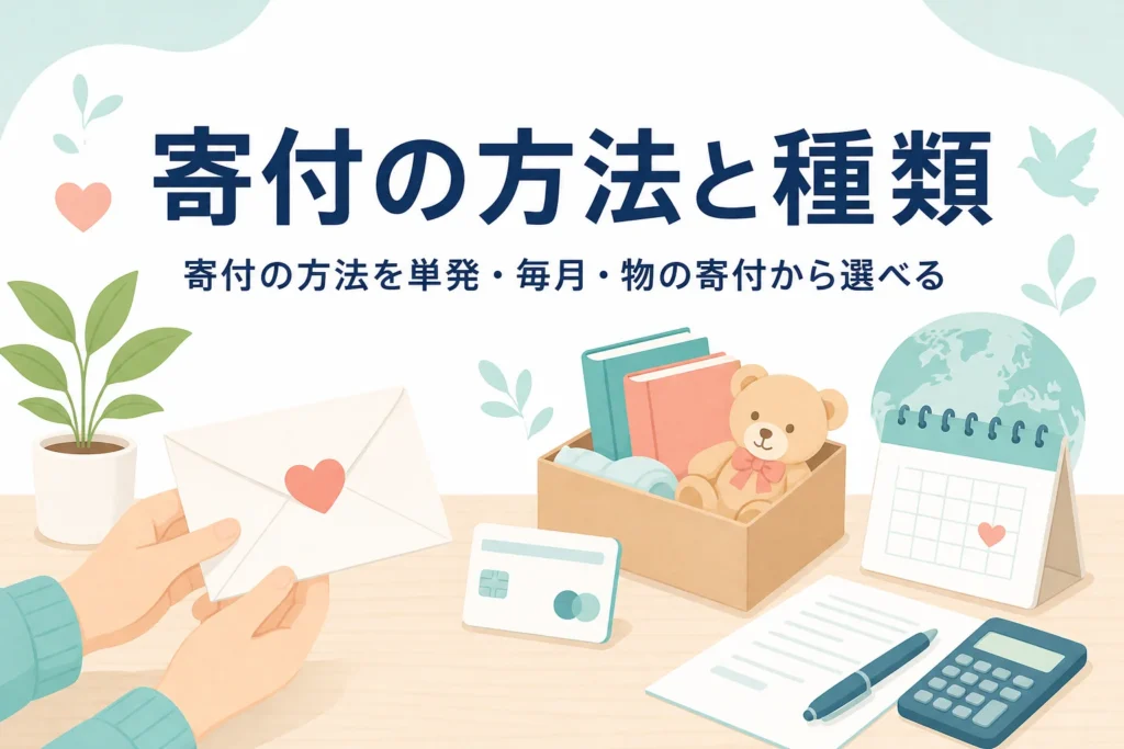 寄付の方法と種類を、単発・毎月・物の寄付などから選べることを紹介する記事のアイキャッチ