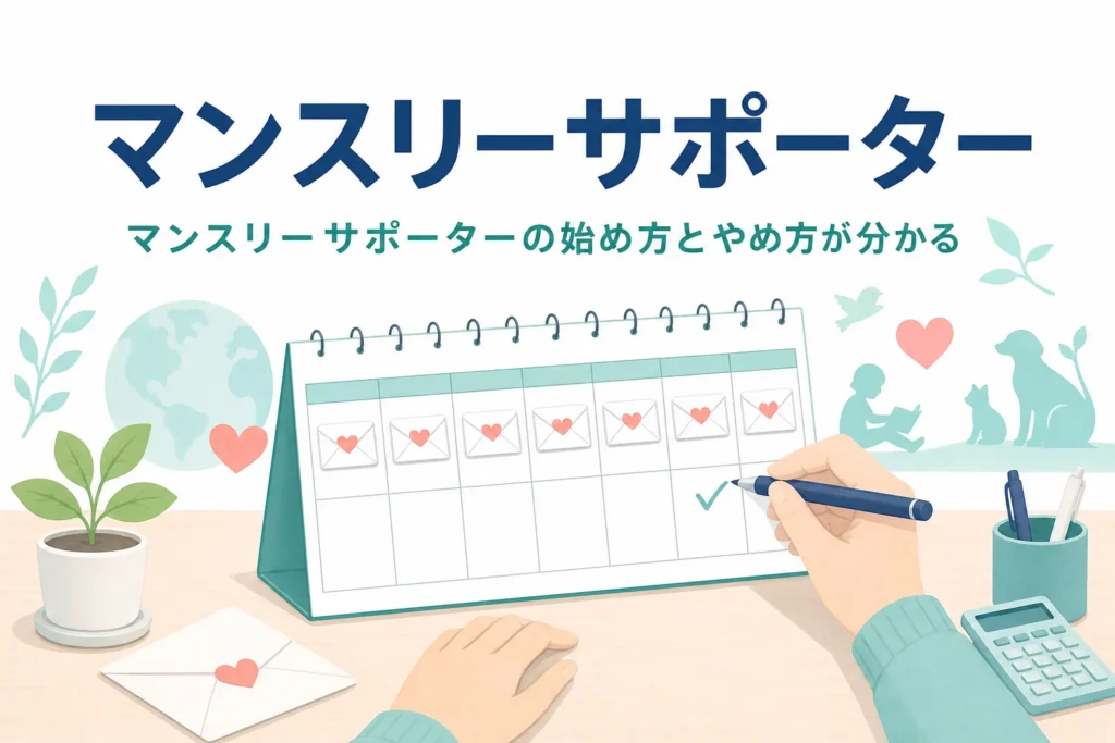 マンスリーサポーターとして毎月寄付する仕組みと、始め方・やめ方を紹介する記事のアイキャッチ